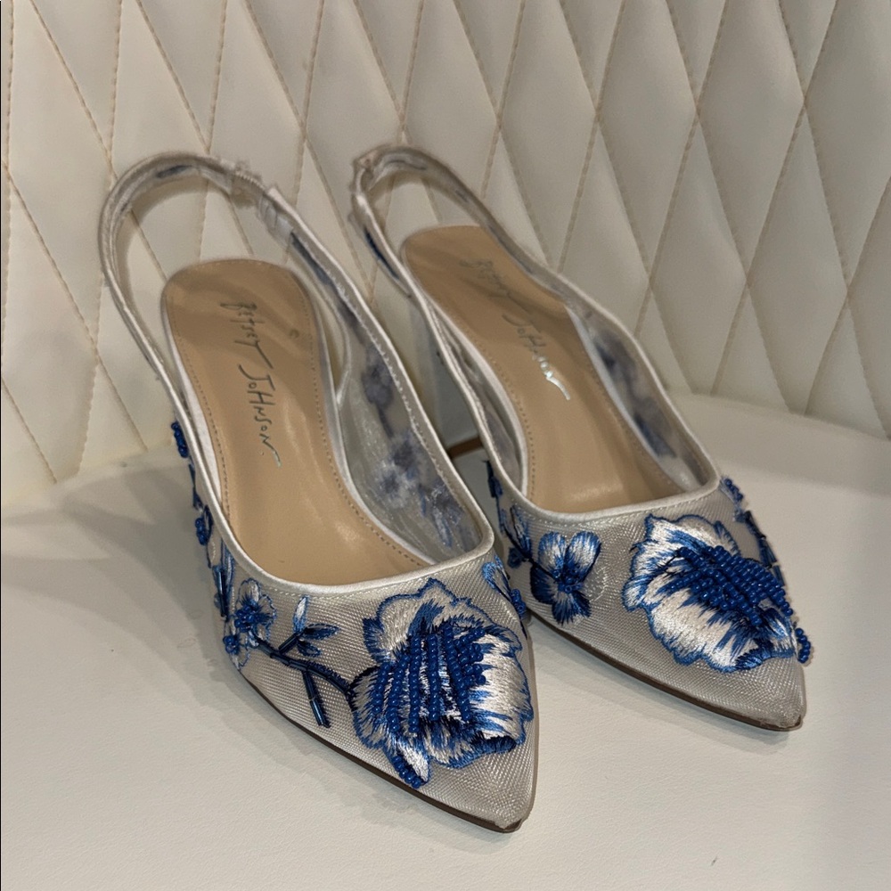Betsey Johnson White and Blue Embroidered Heels